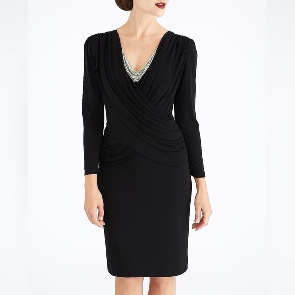 Vintage CARTERET 80s Black Sheath Cocktail Dress with Metal Mesh Neckline Sz 10 - Picture 1 of 6